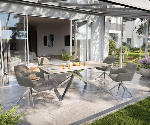 DELIFE Jídelní stůl Edge 200x100 cm keramika Laminam® Travertino Bianco krémově bílá křížová podnož nerezová ocel