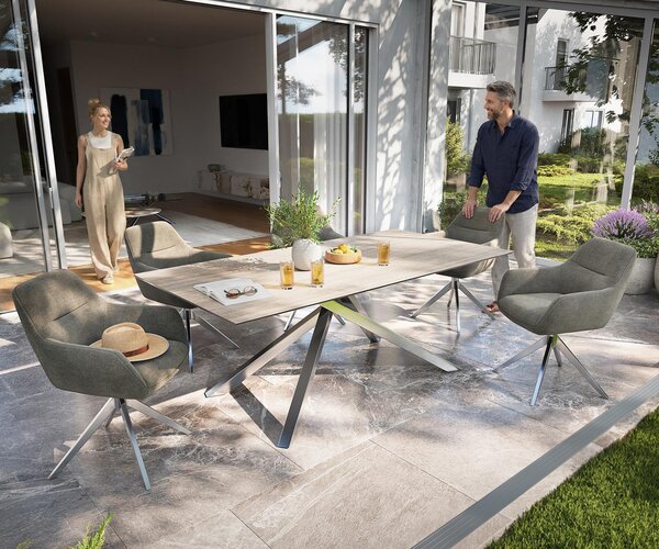 DELIFE Jídelní stůl Edge 200x100 cm keramika Laminam® Travertino Bianco krémově bílá křížová podnož nerezová ocel