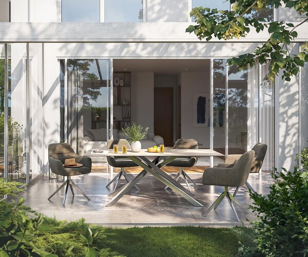 DELIFE Jídelní stůl Edge 200x100 cm keramika Laminam® Travertino Bianco krémově bílá křížová podnož nerezová ocel