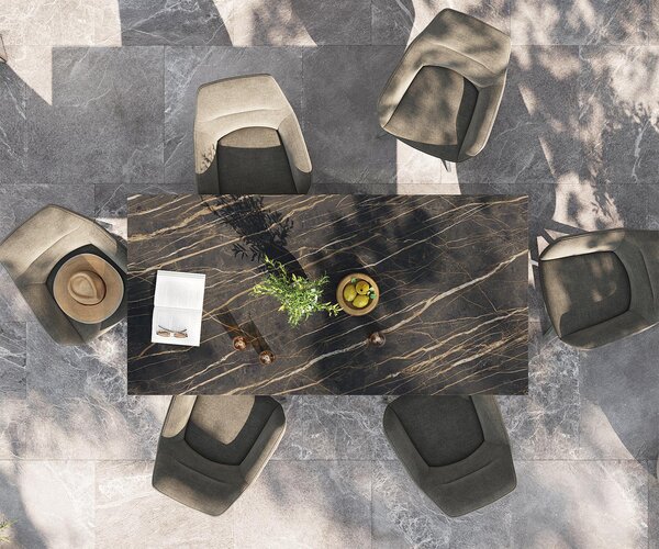 DELIFE Jídelní stůl Edge 200x100 cm keramika Laminam® Noir Desir hnědá křížová podnož obdélník černá