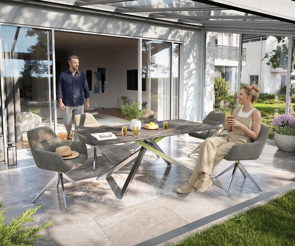 DELIFE Jídelní stůl Edge 200x100 cm keramika Laminam® Noir Desir hnědá křížová podnož obdélník černá