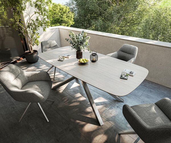 DELIFE Jídelní stůl Edge oválný 200x100 cm keramika Laminam® Travertino Bianco krémově bílá křížová podnož nerezová ocel