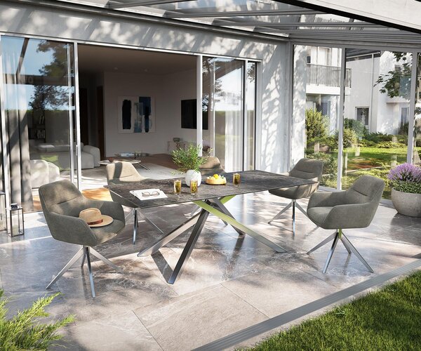 DELIFE Jídelní stůl Edge 200x100 cm keramika Laminam® Nero Greco antracitová křížová podnož nerezová ocel