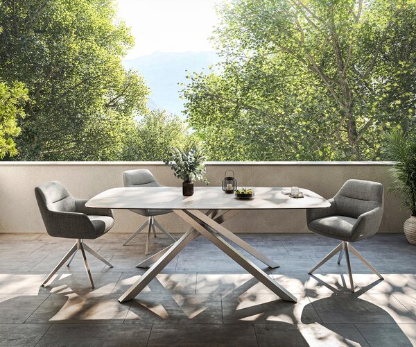 DELIFE Jídelní stůl Edge oválný 200x100 cm keramika Laminam® Travertino Bianco krémově bílá křížová podnož nerezová ocel