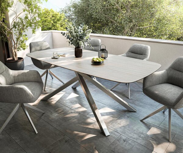 DELIFE Jídelní stůl Edge oválný 200x100 cm keramika Laminam® Travertino Bianco krémově bílá křížová podnož nerezová ocel