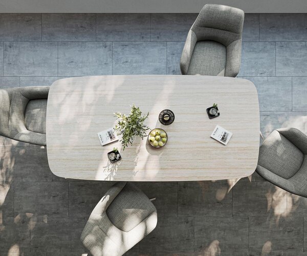 DELIFE Jídelní stůl Edge oválný 200x100 cm keramika Laminam® Travertino Bianco krémově bílá křížová podnož nerezová ocel