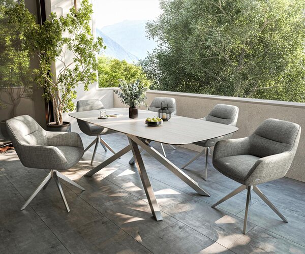 DELIFE Jídelní stůl Edge oválný 200x100 cm keramika Laminam® Travertino Bianco krémově bílá křížová podnož nerezová ocel