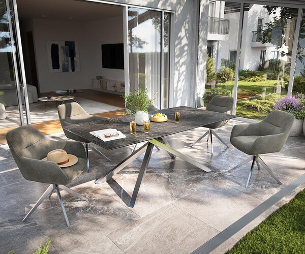 DELIFE Jídelní stůl Edge 200x100 cm keramika Laminam® Nero Greco antracitová křížová podnož nerezová ocel