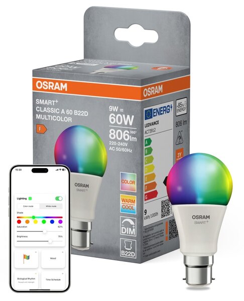Smart LED žárovka SMART+ MATTER Multicolor Classic A60, 9W, B22D