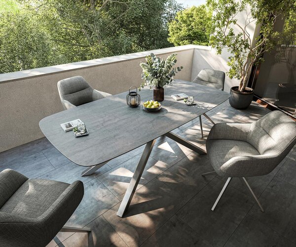 DELIFE Jídelní stůl Edge oválný tvar 200x100 cm keramika beton šedá křížová podnož nerezová ocel