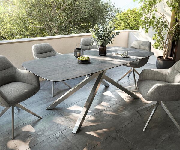 DELIFE Jídelní stůl Edge oválný tvar 200x100 cm keramika beton šedá křížová podnož nerezová ocel