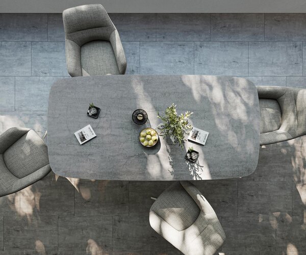 DELIFE Jídelní stůl Edge oválný tvar 200x100 cm keramika beton šedá křížová podnož nerezová ocel