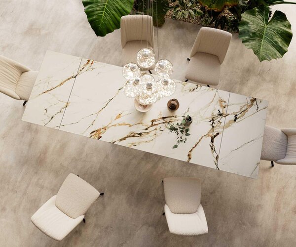 DELIFE Jídelní stůl Edge 200-300x100 keramika Calacatta Luxe bílá-zlatá-šedá podnož ve tvaru V plochá ocel černá rozkládací