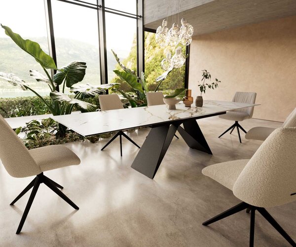 DELIFE Jídelní stůl Edge 200-300x100 keramika Calacatta Luxe bílá-zlatá-šedá podnož ve tvaru V plochá ocel černá rozkládací