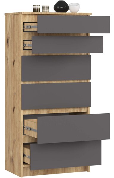 Ak furniture Komoda Kuba 60 cm - 6 šuplíků dub artisan/grafitová