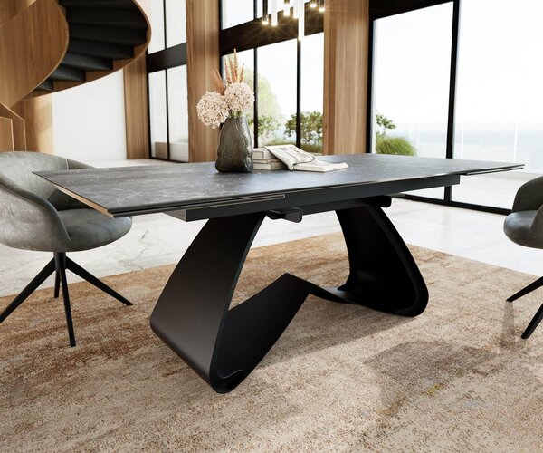 DELIFE Jídelní stůl Edge 200-300x100 keramika Laminam®Nero Greco antracitová podnož ve tvaru W černá rozkládací