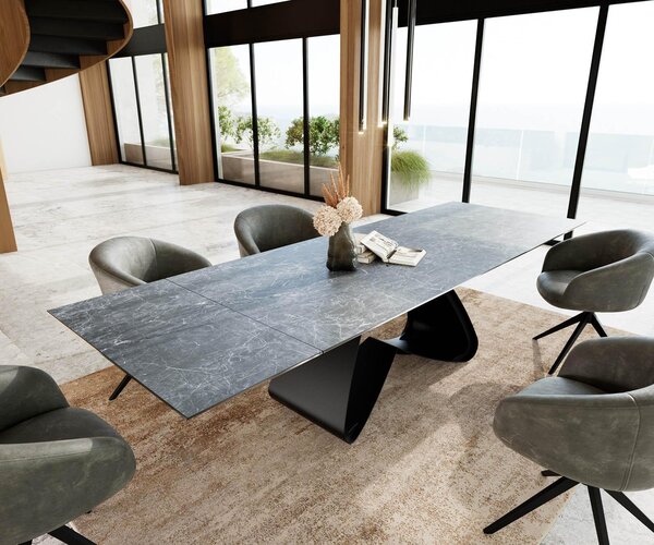 DELIFE Jídelní stůl Edge 200-300x100 keramika Laminam®Nero Greco antracitová podnož ve tvaru W černá rozkládací