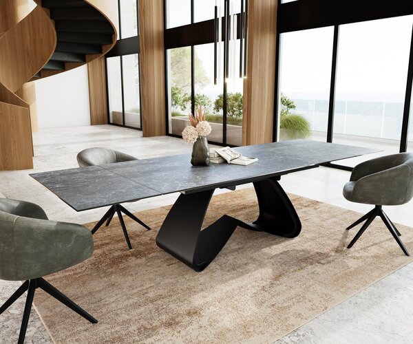 DELIFE Jídelní stůl Edge 200-300x100 keramika Laminam®Nero Greco antracitová podnož ve tvaru W černá rozkládací
