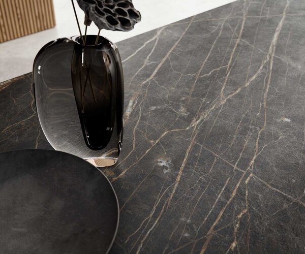 DELIFE Jídelní stůl Edge 200-300x100 keramika Laminam®Noir Desir hnědý křížová podnož obdélník černý rozkládací
