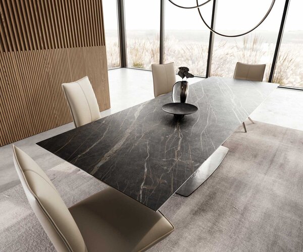 DELIFE Jídelní stůl Edge 200-300x100 keramika Laminam®Noir Desir hnědá Wave nerezová ocel rozkládací