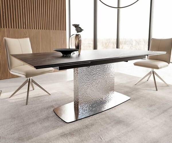 DELIFE Jídelní stůl Edge 200-300x100 keramika Laminam®Noir Desir hnědá Wave nerezová ocel rozkládací