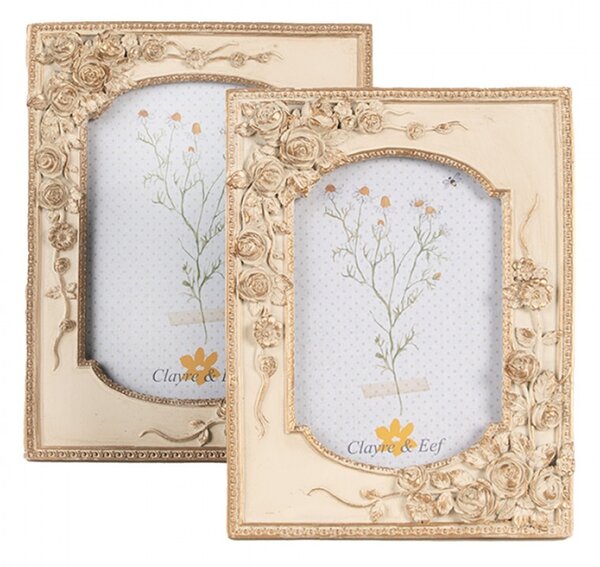 Béžovo zlatý fotorámeček Caroline s plastickou aplikací ve tvaru růže – 10x15 cm