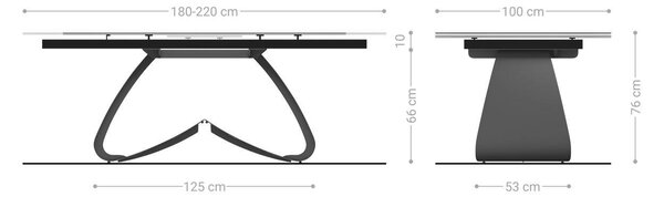DELIFE Jídelní stůl Edge 180-220x100 keramika Calacatta Luxe bílá-zlatá-šedá W-podnož černá rozkládací