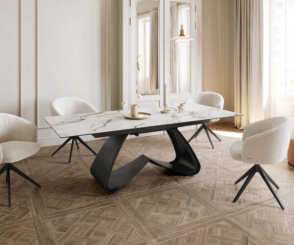 DELIFE Jídelní stůl Edge 180-220x100 keramika Calacatta Luxe bílá-zlatá-šedá W-podnož černá rozkládací