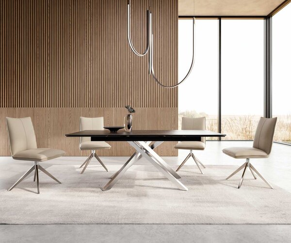 DELIFE Jídelní stůl Edge 200-300x100 keramika Laminam®Noir Desir hnědý křížová podnož hranatý nerezová ocel rozkládací