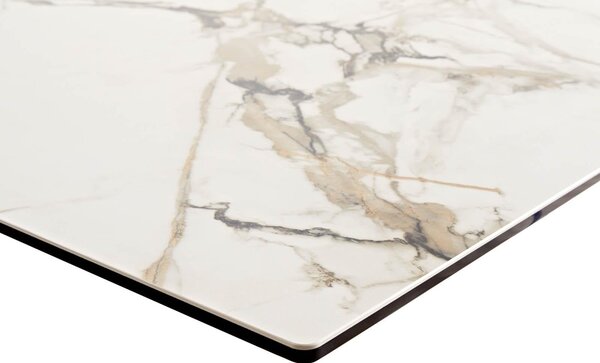 DELIFE Jídelní stůl Edge 180-220x100 keramika Calacatta Luxe bílá-zlatá-šedá W-podnož černá rozkládací