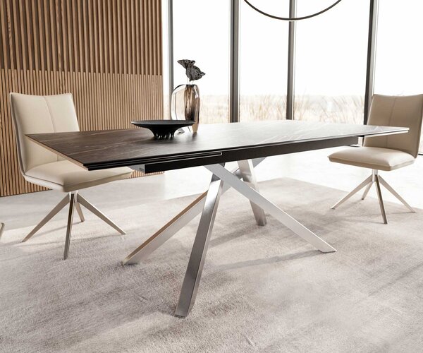 DELIFE Jídelní stůl Edge 200-300x100 keramika Laminam®Noir Desir hnědý křížová podnož hranatý nerezová ocel rozkládací