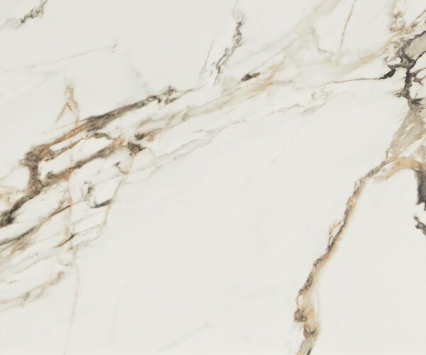 DELIFE Jídelní stůl Edge 180-220x100 keramika Calacatta Luxe bílá-zlatá-šedá W-podnož černá rozkládací