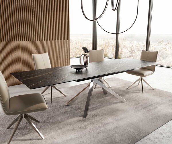 DELIFE Jídelní stůl Edge 200-300x100 keramika Laminam®Noir Desir hnědý křížová podnož hranatý nerezová ocel rozkládací