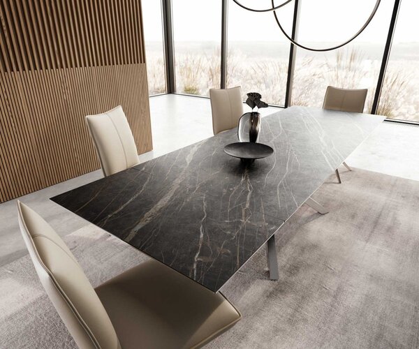 DELIFE Jídelní stůl Edge 200-300x100 keramika Laminam®Noir Desir hnědý křížová podnož hranatý nerezová ocel rozkládací