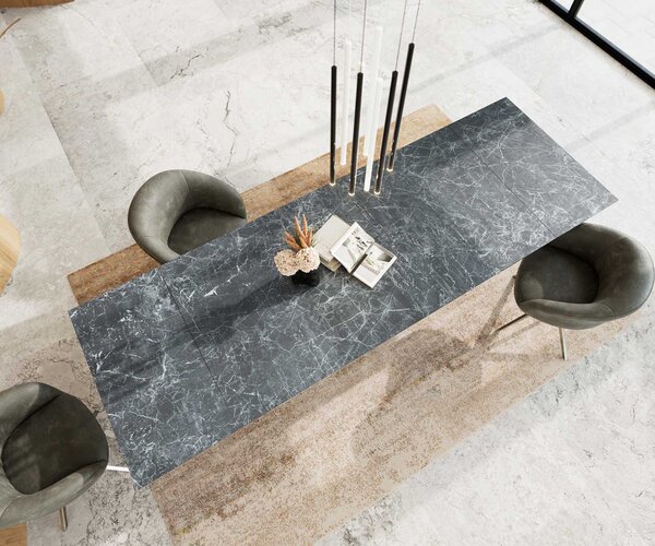 DELIFE Jídelní stůl Edge 200-300x100 keramika Laminam®Nero Greco antracitová křížová podnož nerezová ocel rozkládací