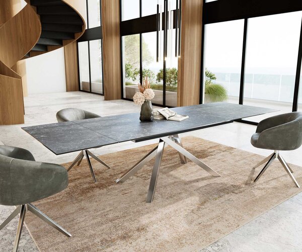 DELIFE Jídelní stůl Edge 200-300x100 keramika Laminam®Nero Greco antracitová křížová podnož nerezová ocel rozkládací