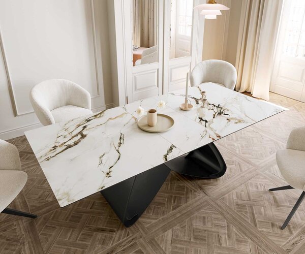 DELIFE Jídelní stůl Edge 180-220x100 keramika Calacatta Luxe bílá-zlatá-šedá W-podnož černá rozkládací