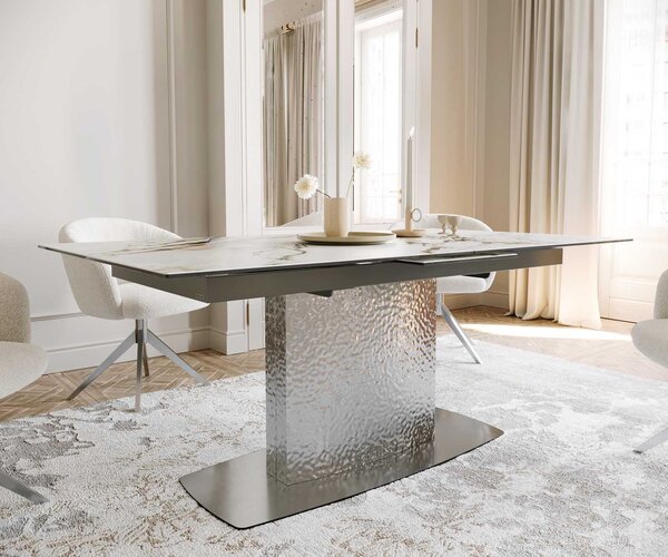 DELIFE Jídelní stůl Edge 180-220x100 keramika Calacatta Luxe bílá-zlatá-šedá Wave nerezová ocel rozkládací
