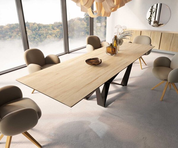 DELIFE Jídelní stůl Edge 300x100 keramika Laminam® Sabbia dubová barva Spider plochá ocel černá