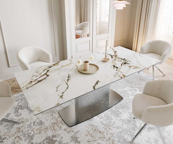 DELIFE Jídelní stůl Edge 180-220x100 keramika Calacatta Luxe bílá-zlatá-šedá Wave nerezová ocel rozkládací