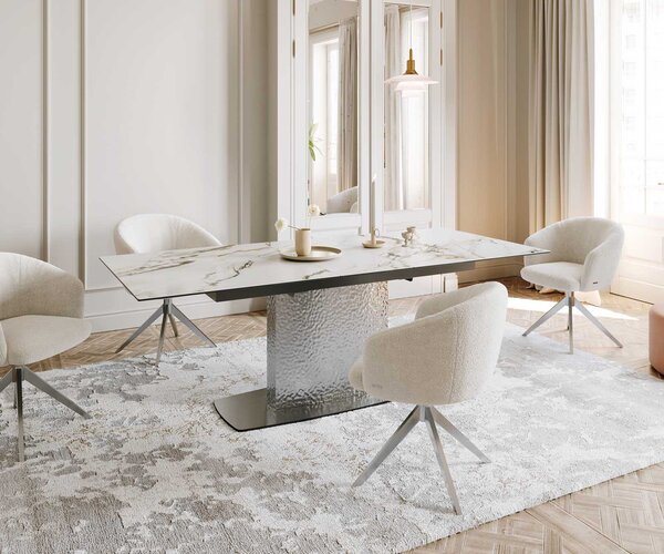 DELIFE Jídelní stůl Edge 180-220x100 keramika Calacatta Luxe bílá-zlatá-šedá Wave nerezová ocel rozkládací