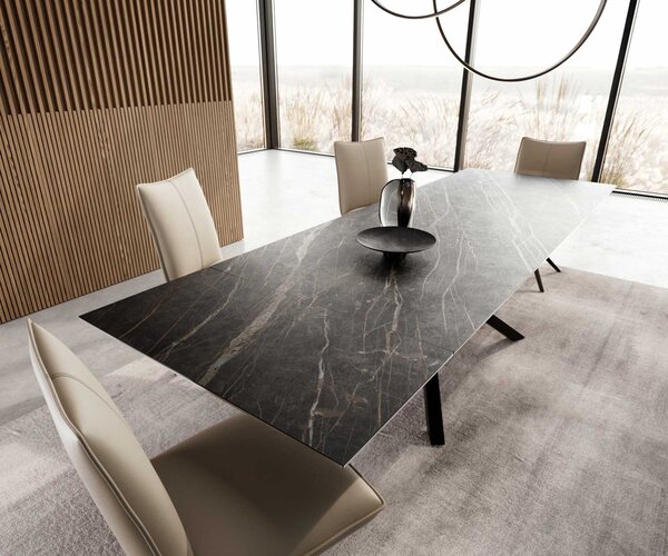DELIFE Jídelní stůl Edge 200-300x100 keramika Laminam®Noir Desir hnědý křížová podnož obdélník černý rozkládací