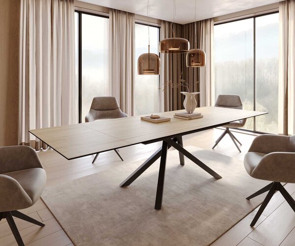 DELIFE Jídelní stůl Edge 200-300x100 keramika Laminam® Sabbia dubová křížová podnož obdélníkový černý rozkládací
