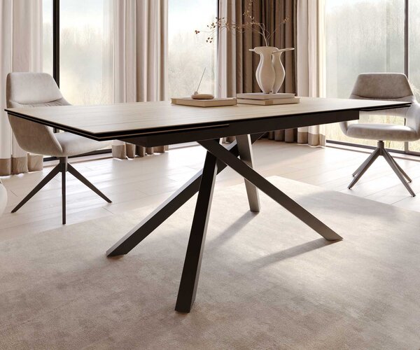 DELIFE Jídelní stůl Edge 200-300x100 keramika Laminam® Sabbia dubová křížová podnož obdélníkový černý rozkládací