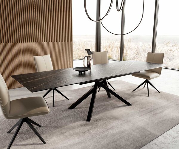 DELIFE Jídelní stůl Edge 200-300x100 keramika Laminam®Noir Desir hnědý křížová podnož obdélník černý rozkládací