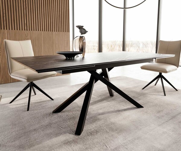 DELIFE Jídelní stůl Edge 200-300x100 keramika Laminam®Noir Desir hnědý křížová podnož obdélník černý rozkládací