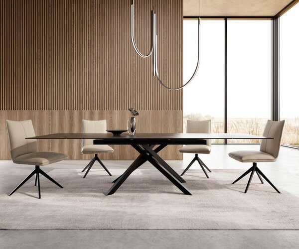 DELIFE Jídelní stůl Edge 200-300x100 keramika Laminam®Noir Desir hnědý křížová podnož obdélník černý rozkládací