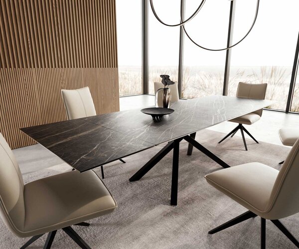 DELIFE Jídelní stůl Edge 200-300x100 keramika Laminam®Noir Desir hnědý křížová podnož obdélník černý rozkládací