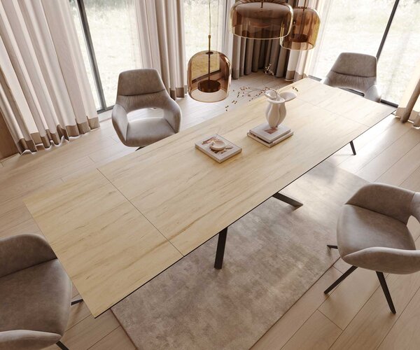 DELIFE Jídelní stůl Edge 200-300x100 keramika Laminam® Sabbia dubová křížová podnož obdélníkový černý rozkládací