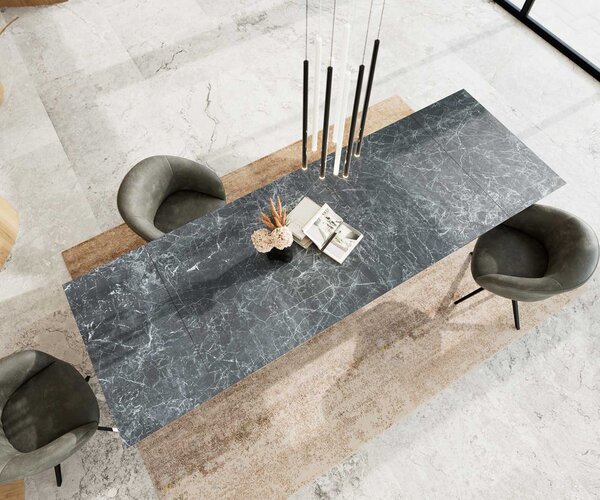 DELIFE Jídelní stůl Edge 200-300x100 keramika Laminam®Nero Greco antracitová křížová podnož obdélníkový černý rozkládací